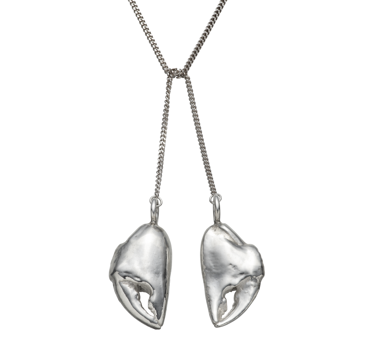 A close up shot of a sterling silver lariat necklace made from casts of crab claws by Violette Stehli