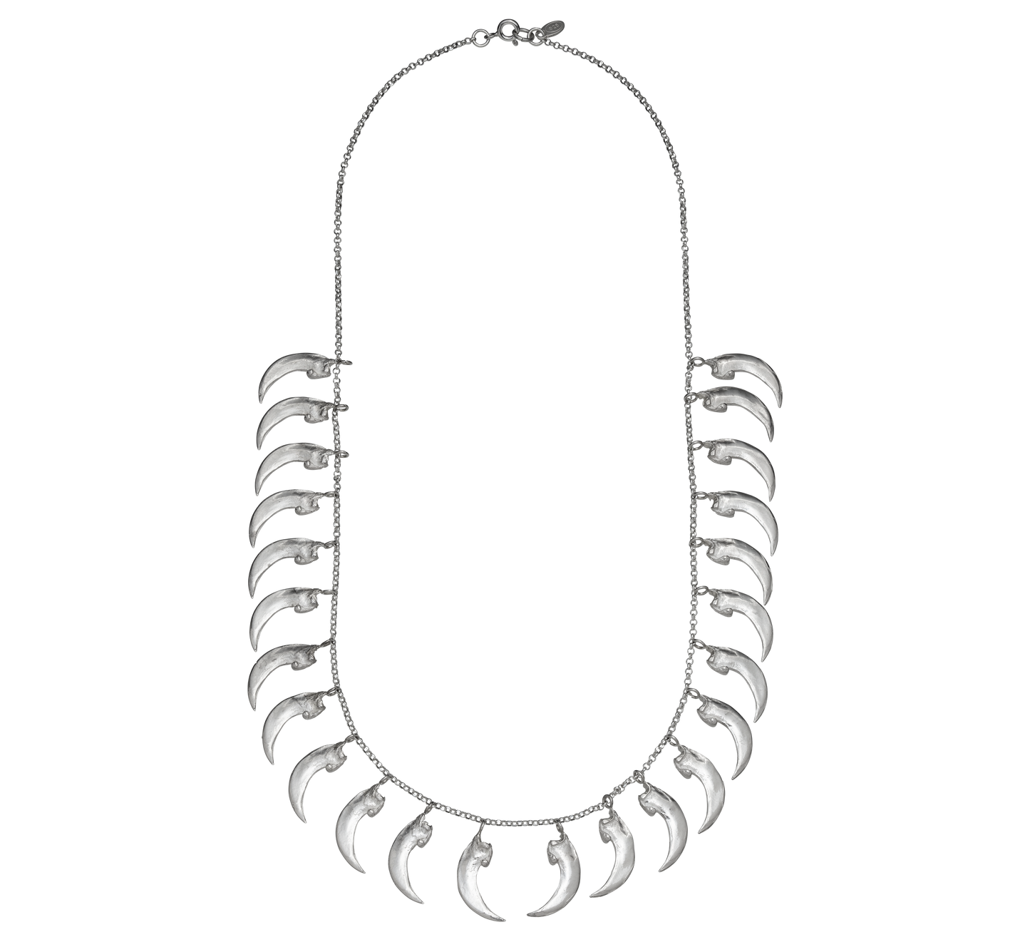 A sterling silver necklace made from cast replicas of bat claws. The claws hang from a rolo link chain. The necklace is tough but delicate, like armor. Handmade by Violette Stehli
