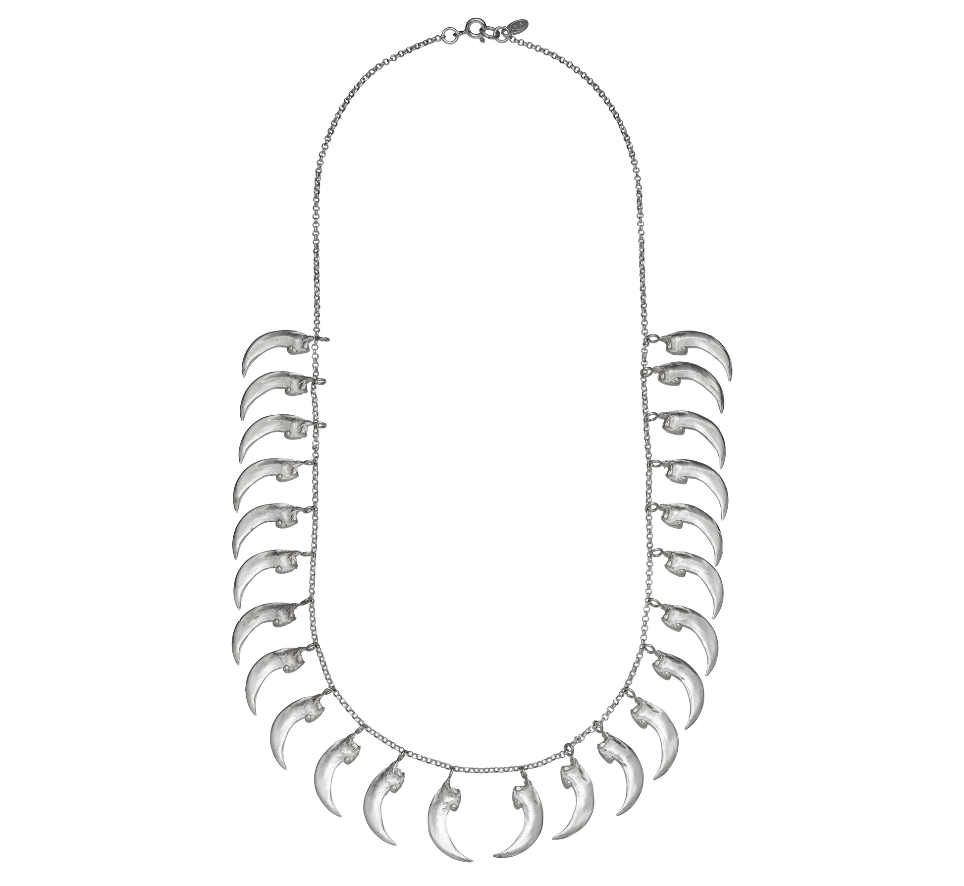 A sterling silver necklace made from cast replicas of bat claws. The claws hang from a rolo link chain. The necklace is tough but delicate, like armor. Handmade by Violette Stehli