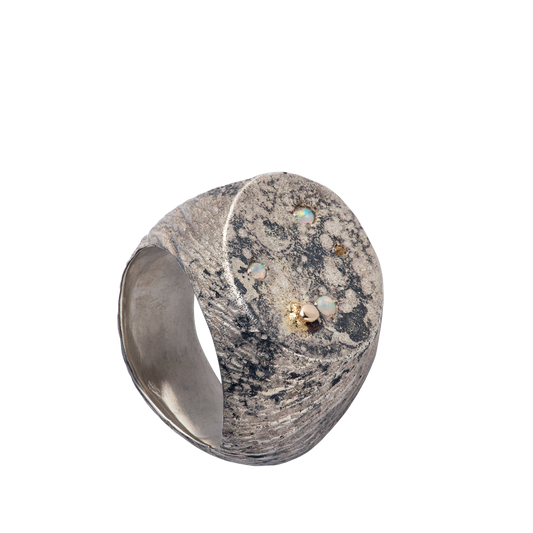 A massive distressed sterling silver and 18-karat gold signet set with opals and sapphires. The ring looks like the surface of the moon annd is hand-sculpted by Violette Stehli.