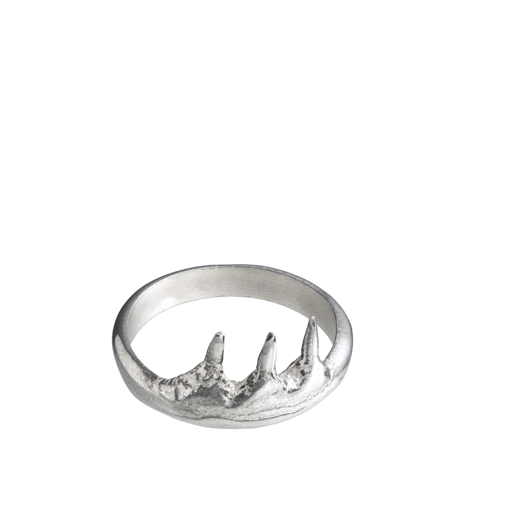 A spiky sterling silver ring made from casts of pike fish teeth. made by Violette Stehli.