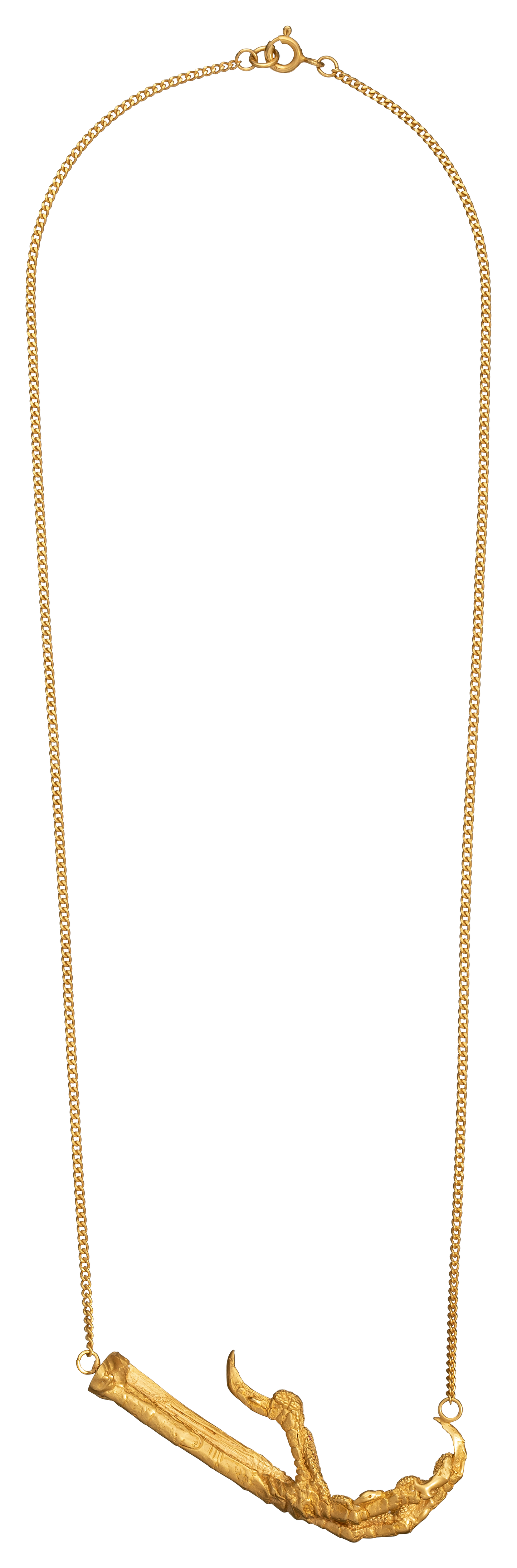 A necklace cast from a crows foot and set with rubies by Violette Stehli. The necklace is a choker on a curb-link chain.