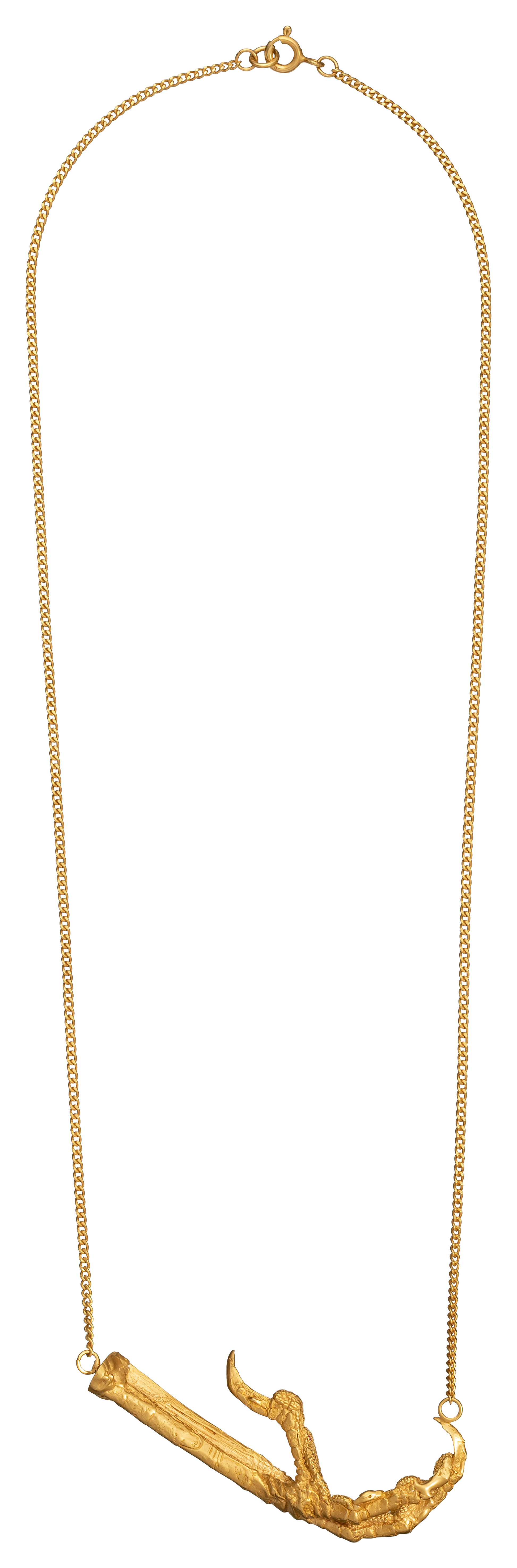 A necklace cast from a crows foot and set with rubies by Violette Stehli. The necklace is a choker on a curb-link chain.