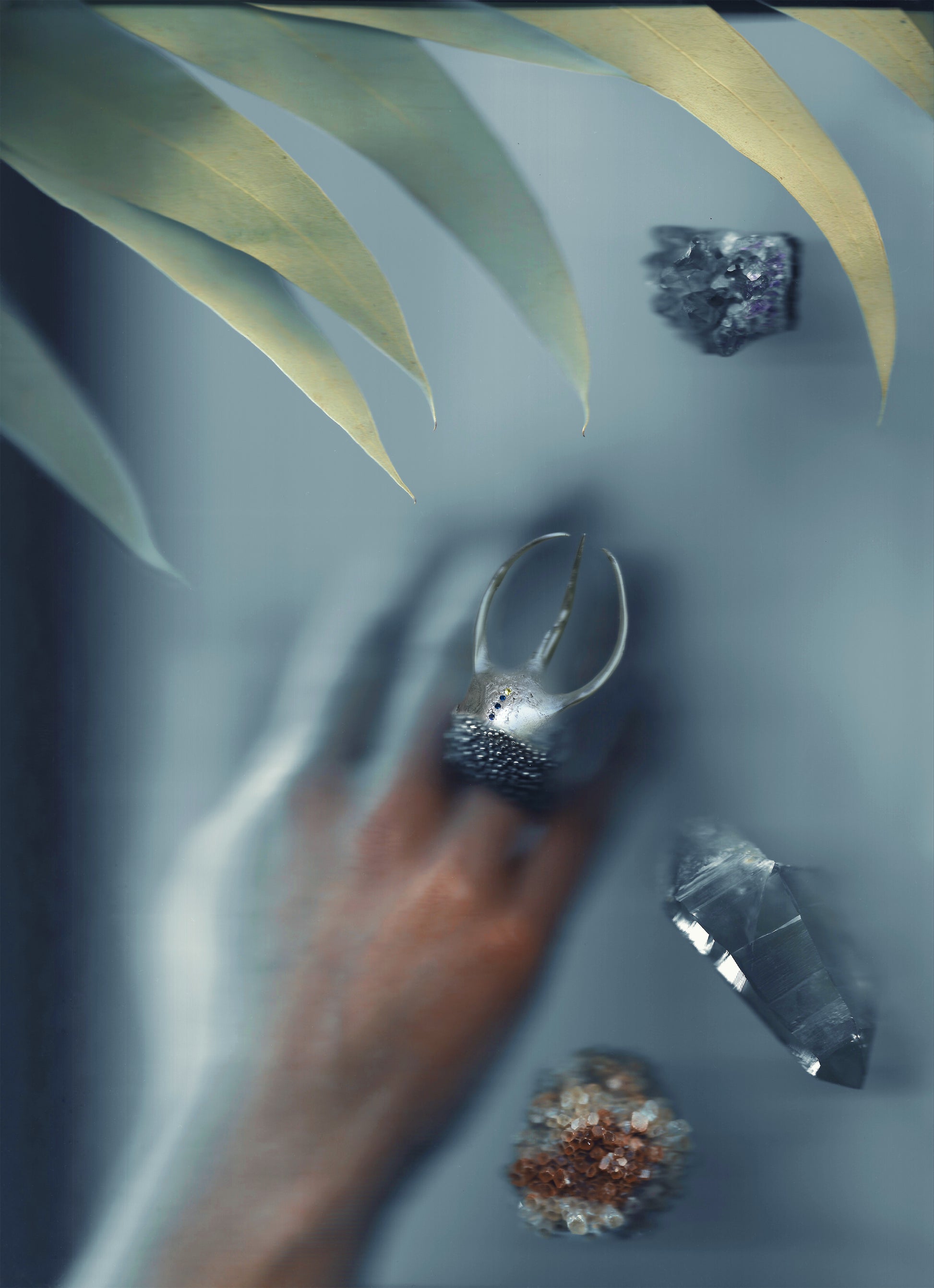 A massive sterling silver ring made from the cast of a giant Atlas beetle's head. The ring looks like an ancient samurai helmet and is set with blue annd yellow sapphires. Handmade by Violette Stehli