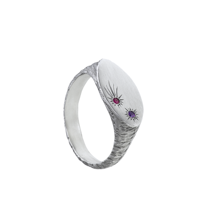 a delicate yet tough, handmade unisex ring for everyday wear. Made from Responsible Jewelry Council certified sterling silver and set with two precious stones. Violette Stehli.