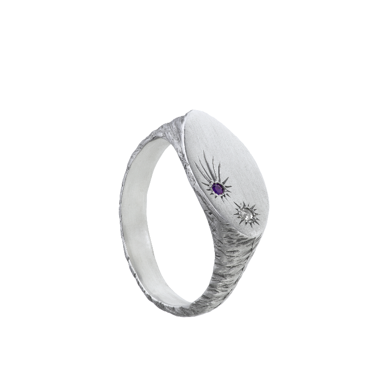 a delicate yet tough, handmade unisex ring for everyday wear. Made from Responsible Jewelry Council certified sterling silver and set with two precious stones. Violette Stehli.
