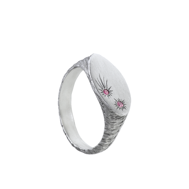 a delicate yet tough, handmade unisex ring for everyday wear. Made from Responsible Jewelry Council certified sterling silver and set with two precious stones. Violette Stehli.