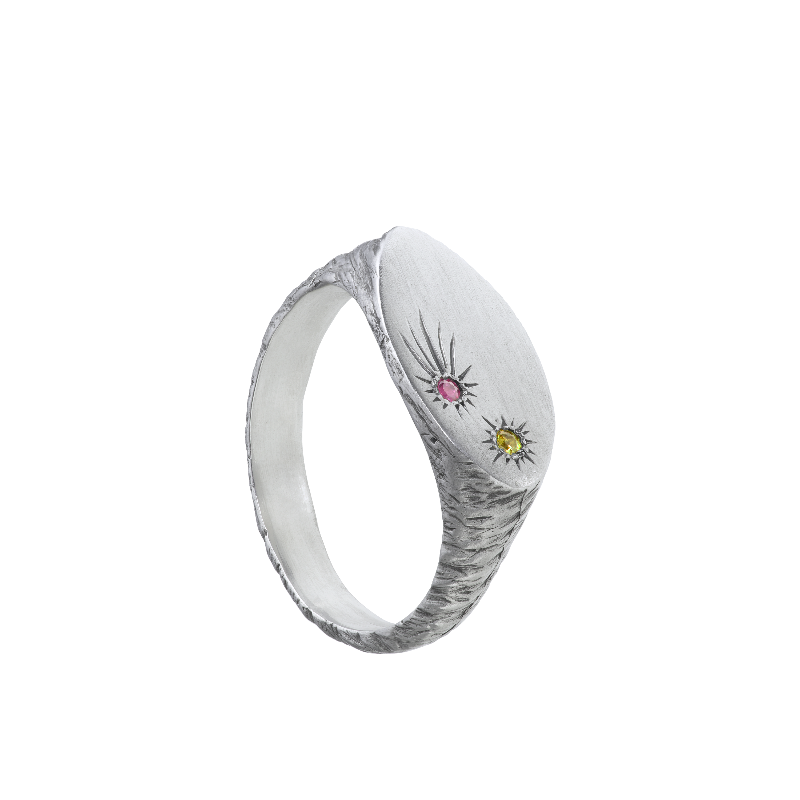 a delicate yet tough, handmade unisex ring for everyday wear. Made from Responsible Jewelry Council certified sterling silver and set with two precious stones. Violette Stehli.