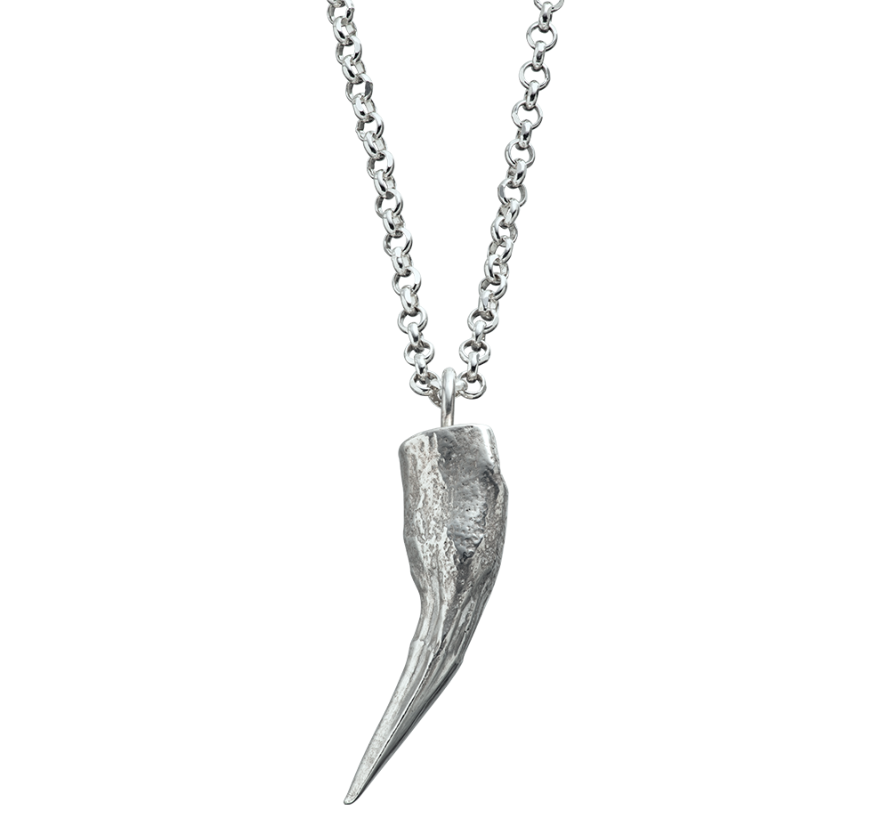 A sterling silver pendant charm cast from a pike tooth using the lost wax casting technique. The pendant is on a rolo-link chain.