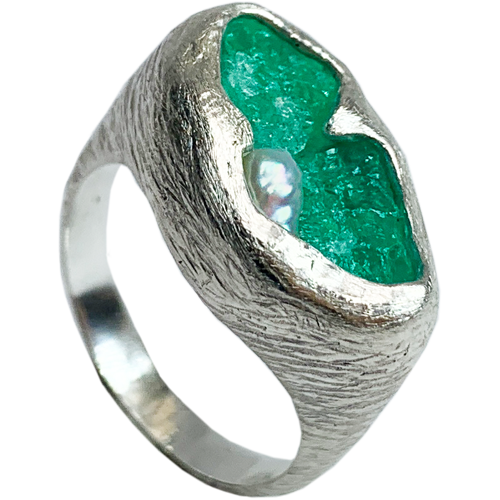 Rough Emerald and Pearl Ring