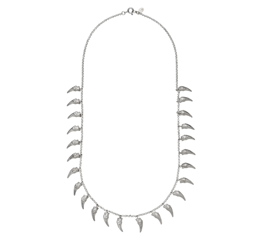 A delicate sterling silver necklace cast from the teeth of a cat. The necklace is on a rolo-link chain. Made by Violette Stehli using the lost wax casting technique.