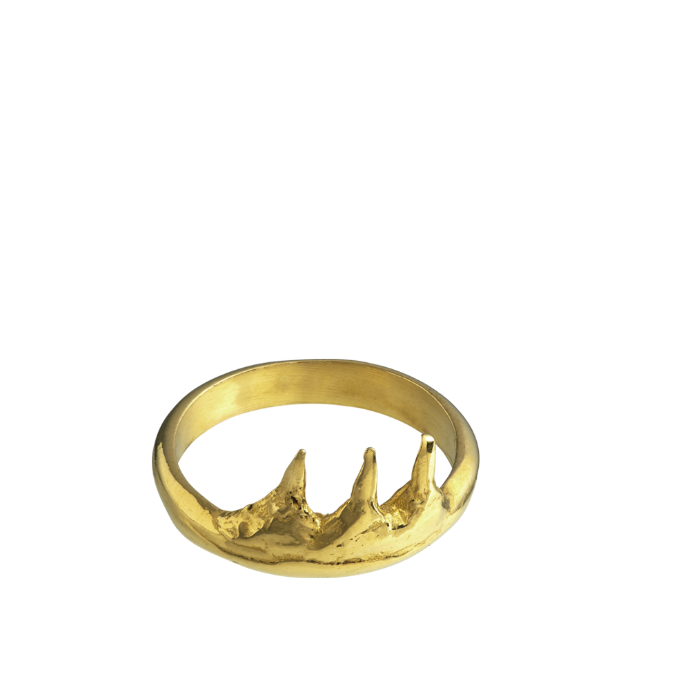 A spiky 18-karat gold ring made from casts of pike fish teeth. made by Violette Stehli.