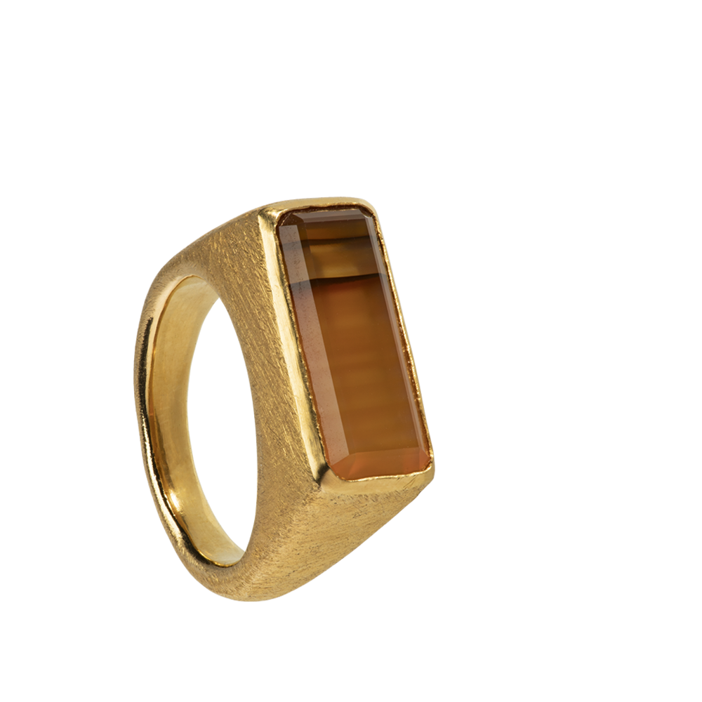 An antique-inspired gold vermeil ring set with banded carnelian. Made by Violette Stehli