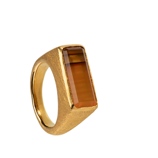 An antique-inspired gold vermeil ring set with banded carnelian. Made by Violette Stehli