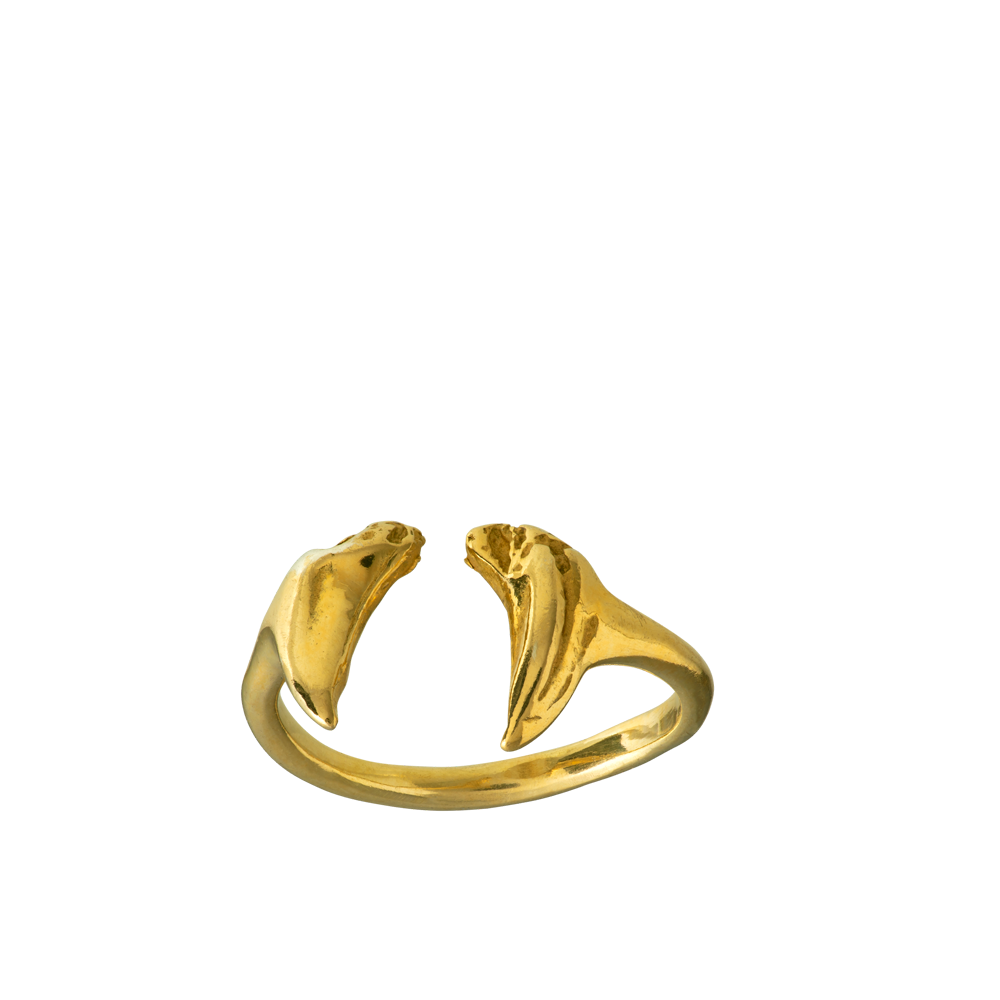 A delicate adjustable ring made from cats teeth cast in 18-karat gold using the lost wax casting technique.