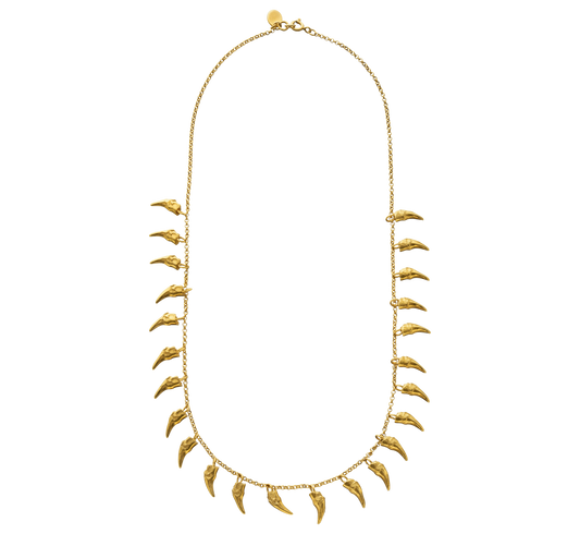 A delicate gold vermeil necklace cast from the teeth of a cat. The necklace is on a rolo-link chain. Made by Violette Stehli using the lost wax casting technique.