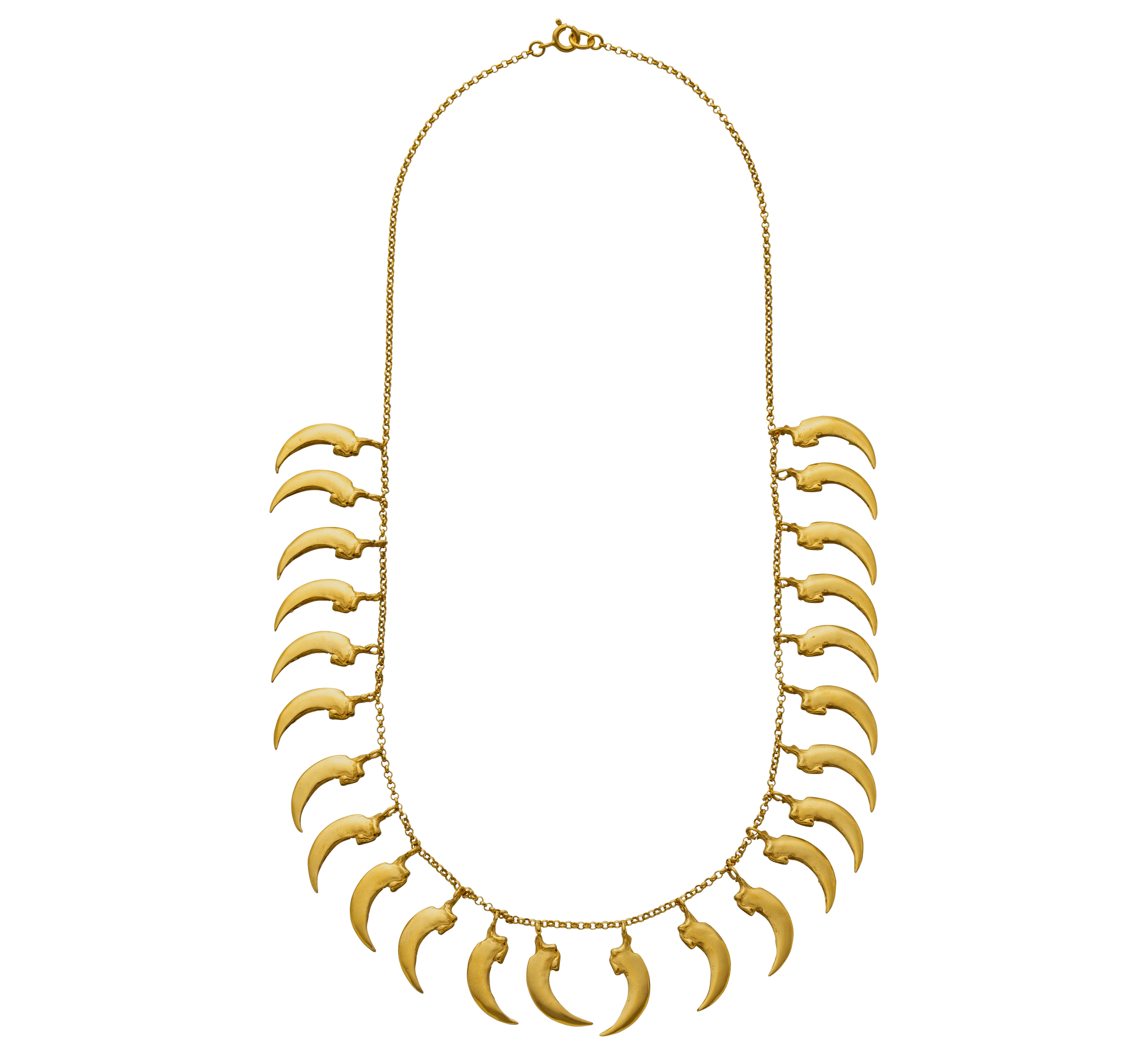 A 24-karat gold vermeil necklace made from casts of bat-claws found in Australia. Handmade by Violette Stehli using the lost wax casting technique.