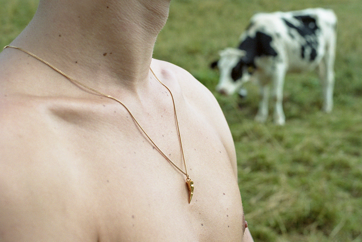 A gold vermeil pendant cast from a pike fish tooth, made using the lost wax casting technique by Violette Stehli. Photo by Anngélique Stehli.