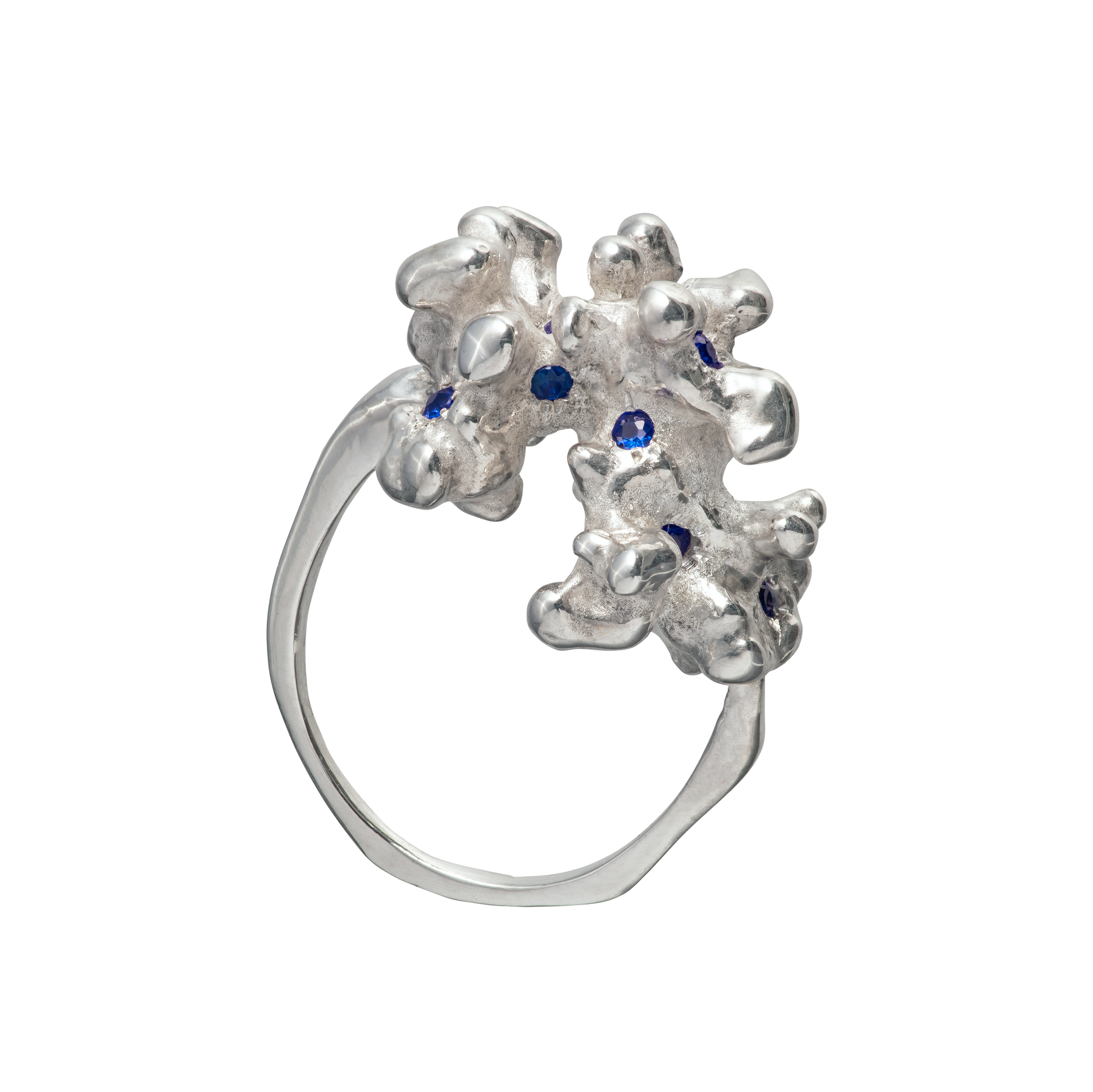 A sterling silver ring cast from a fragment of coral and set with 10 blue sapphires. Made by Violette Stehli.