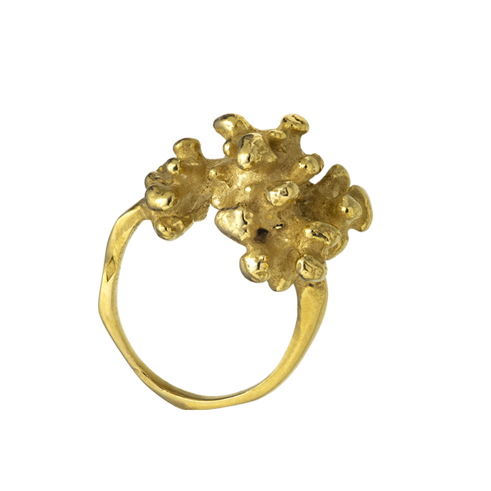An 18-karat Responsible Jewellery Council certified gold coral ring. Hanndmade using the lost-wax casting technique. The piece of coral has been reproduced in gold. Handmade by Violette Stehli.