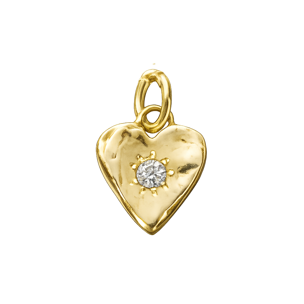 A gold heart-shaped pendant charm with a diamond set in the center, shown on a plain white background.