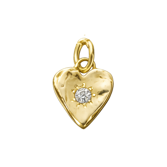 A gold heart-shaped pendant charm with a diamond set in the center, shown on a plain white background.