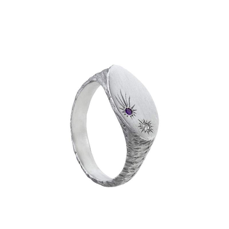  a delicate yet tough, handmade unisex ring for everyday wear. Made from Responsible Jewelry Council certified sterling silver and set with two precious stones. Violette Stehli.