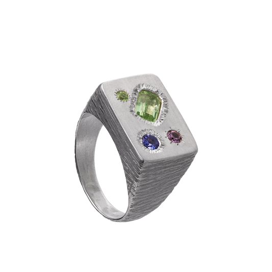 A rough but precious rectangular signet in sterling silver set with a mint-green tourmaline, a peridot, a tanzanite and a rhodolite garnet. Hand sculpted by Violette Stehli.