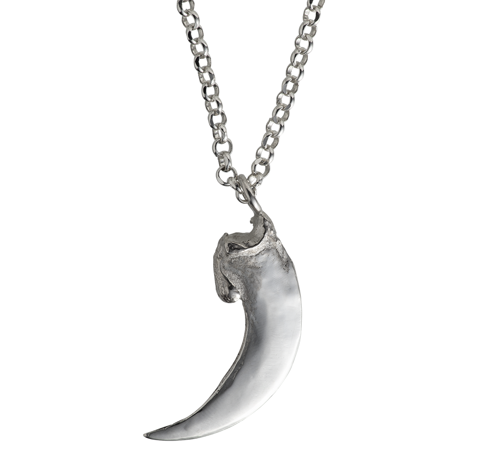 A close-up image of a sterling silver bat claw pendant on a rolo link chain. Made by Violette Stehli using the lost wax casting techique.