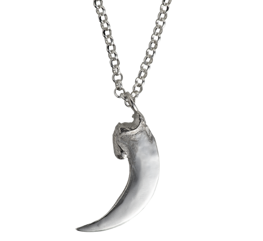 A close-up image of a sterling silver bat claw pendant on a rolo link chain. Made by Violette Stehli using the lost wax casting techique.