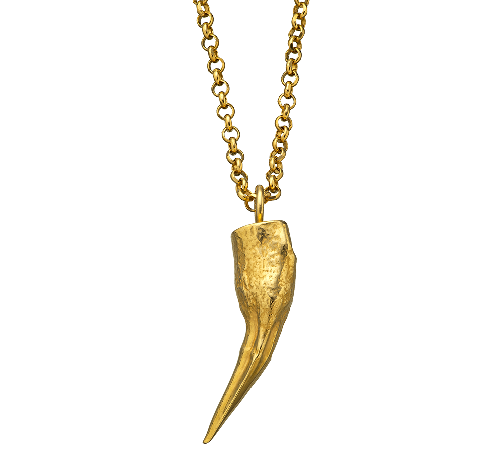 An 18-karat pendant charm cast from a pike tooth using the lost wax casting technique. The pendant is on a rolo-link chain. Made by Violette Stehli.