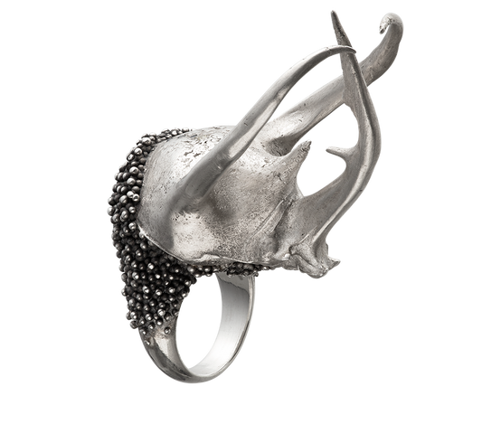 A massive sterling silver ring made from the cast of a giant Atlas beetle's head. The ring looks like an ancient samurai helmet and is set with blue annd yellow sapphires. Handmade by Violette Stehli