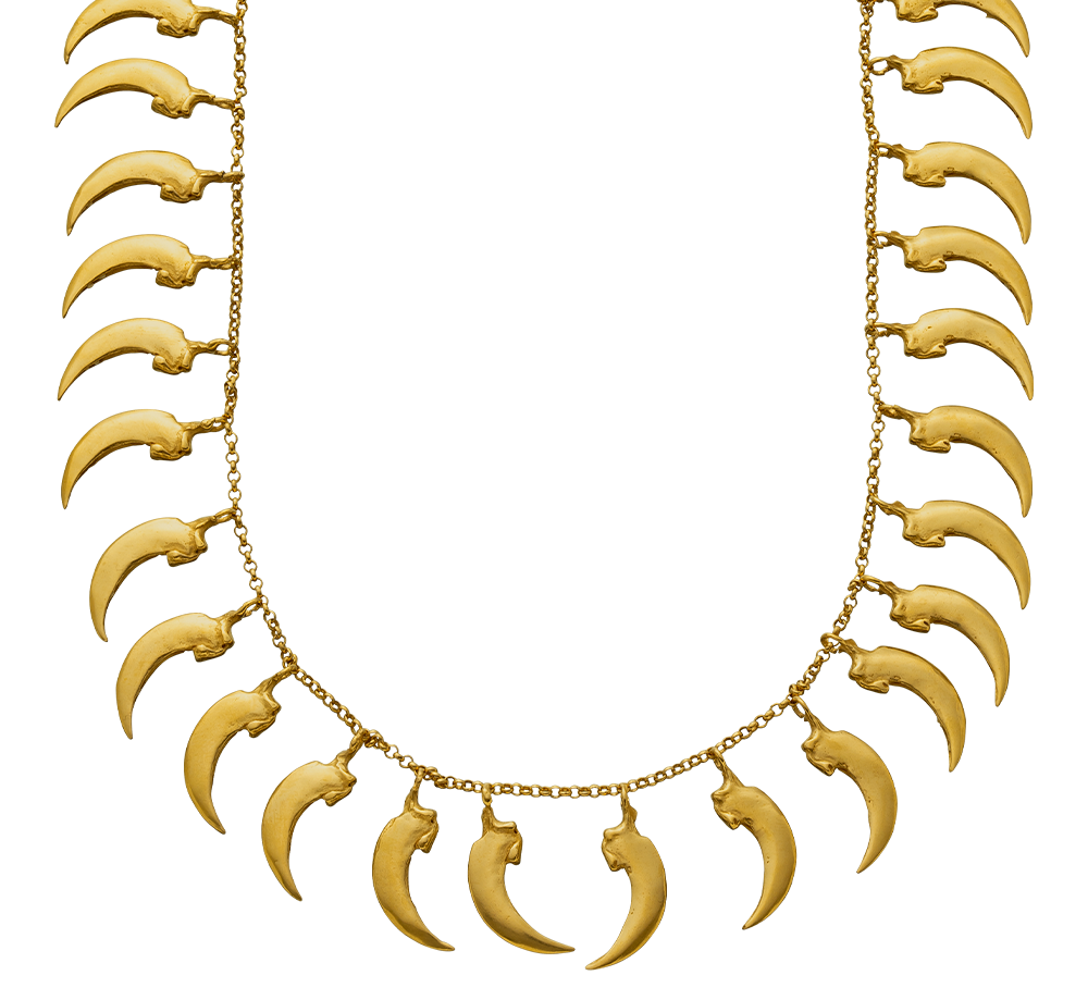 A close-up of a  24-karat gold vermeil necklace made from casts of bat-claws found in Australia. Handmade by Violette Stehli using the lost wax casting technique.